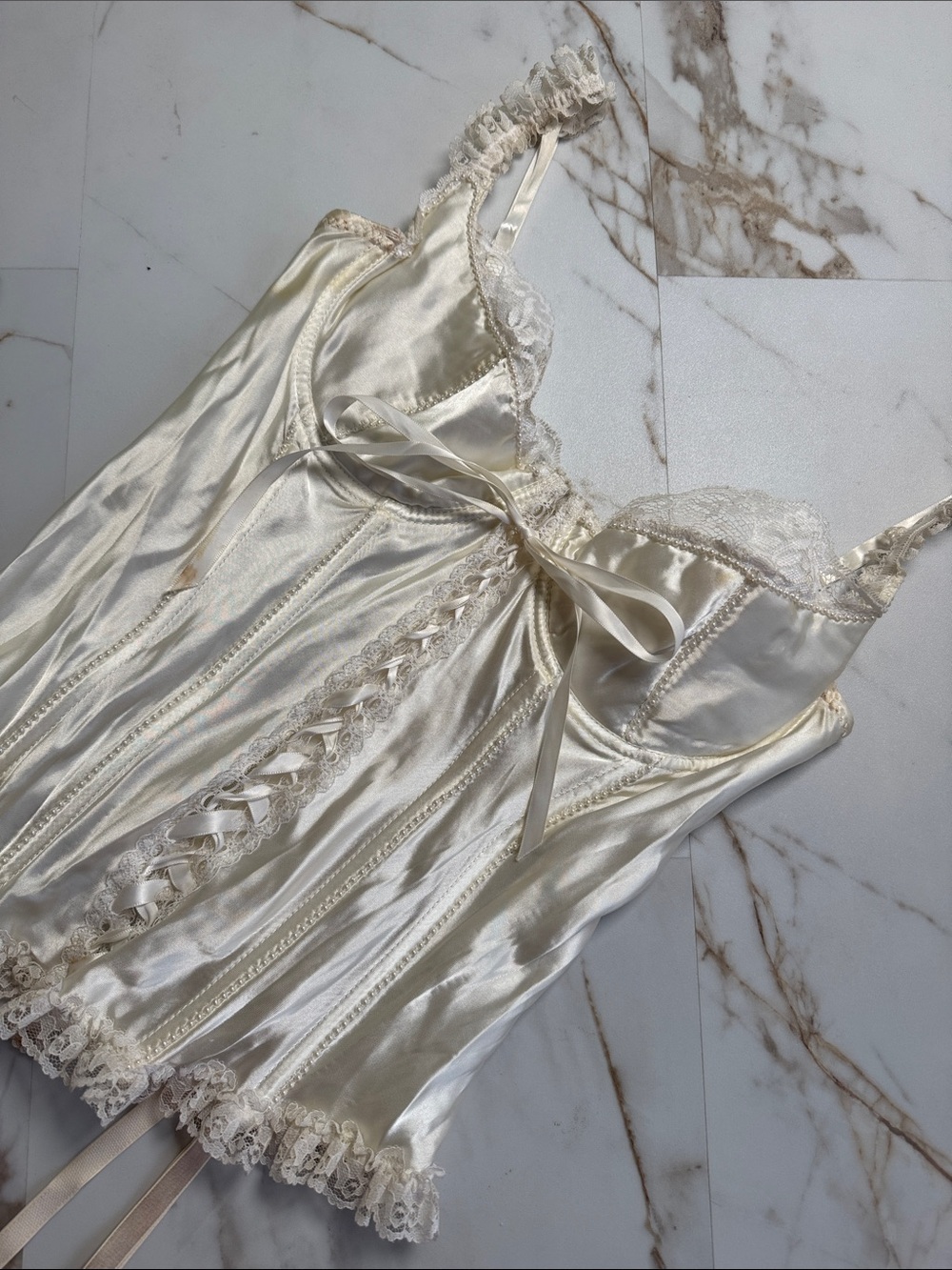 Vintage Shirley of Hollywood Lace Satin Corset Top Pearl Sz 38 bridal made USA